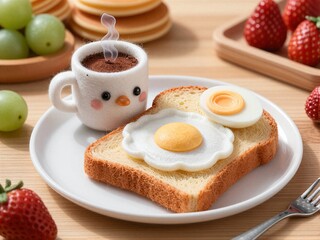 Cute chick toast egg coffee cup fruit pancakes breakfast scene.