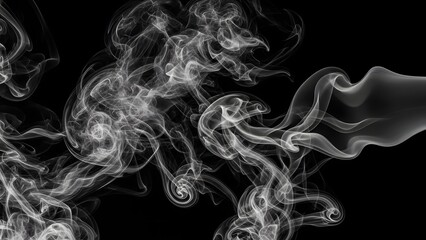Swirling white smoke against black background delicate tendrils and vortex shapes in fluid motion
