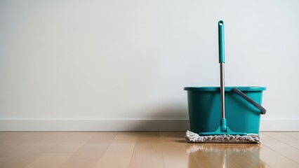 A teal cleaning mop stands in a bucket on a wooden floor against a white wall