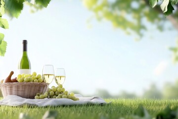 Chilled white wine and grapes in sunlit picnic setting outdoors