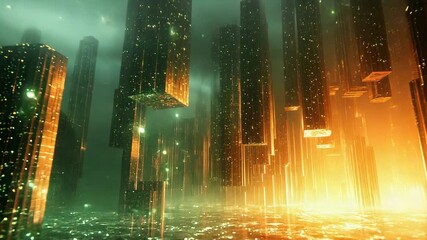 Glowing golden and green data streams weave through a futuristic cityscape of towering structures, visualizing global connectivity, ai driven networks and dynamic digital infrastructure - Powered by Adobe