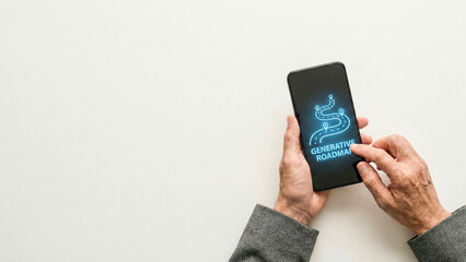 Generative roadmap ai planning high level strategy concept on smartphone screen in senior hand closeup minimal background beige copyspace