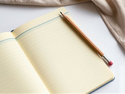 Open notebook, pencil rests atop blank pages, soft fabric draped nearby. - Powered by Adobe