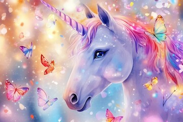 Enchanting unicorn amidst vibrant butterflies in magical forest illustration
