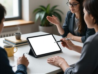 Three colleagues collaborate at table, using tablet and stylus for brainstorming session.