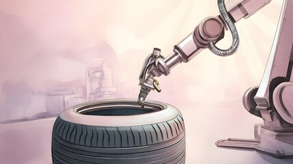 Robotic Arm Inspects Retreaded Tire Precision Technology Illustration Modern Industrial Innovation Design
