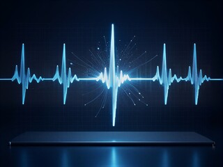 Blue glowing heartbeat waveform on dark grid background, futuristic medical visualization.