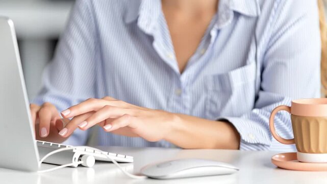 Smiling call center agent with headset listens, speaks and nods, then lowers gaze to keyboard and types a reply, providing friendly customer support at bright office desk with coffee cup.