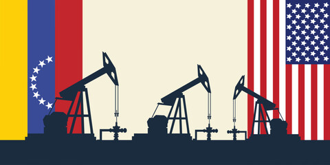 Oil rig pumpjack background. American and Venezuelan petroleum industry. united states of america flag and venezuela flag