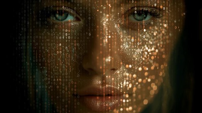 A woman's face merges with glowing binary code, visualizing the inescapable prominence of AI and its seamless integration into the very fabric of modern human society
