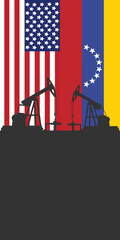 Oil rig pumpjack background. American and Venezuelan petroleum industry. united states of america flag and venezuela flag
