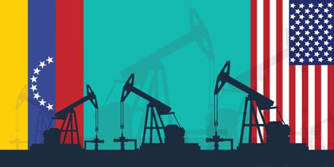 Oil rig pumpjack background. American and Venezuelan petroleum industry. united states of america flag and venezuela flag