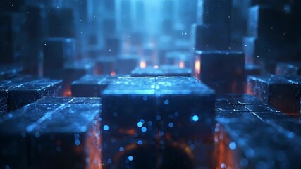Digital square blocks creating an abstract futuristic pattern with glowing lights, visualizing data processing, big data, cryptocurrency, and server communication concepts - Powered by Adobe