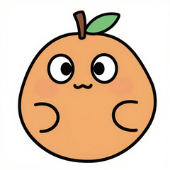 Fototapeta premium Cheerful orange cartoon with big eyes, blushing cheeks, leaf, and bold outline on a white background