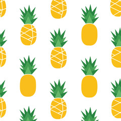 Seamless Pattern of Vibrant Yellow Pineapples with Green Leaves on a White Background, Tropical Fruit Illustration