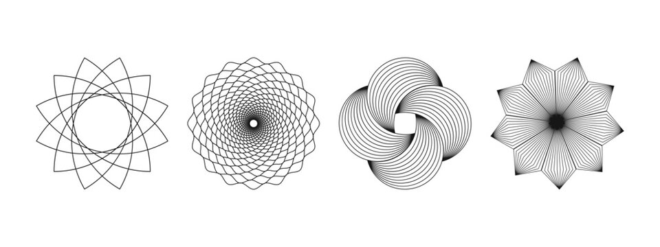 Set of concentric ornaments. Graphic flower shapes. Collection of garmonic symmetric wireframe elements. Spirograph or guilloche templates isolated on white background. Vector graphic illustration