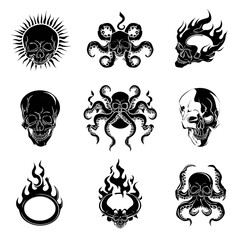 Fototapeta premium Set of 9 black skull and octopus tattoo style icons isolated PNG with Transparent Background