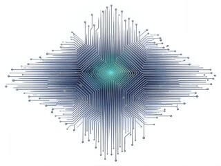 Futuristic circuit board design radiating energy from central core, symmetrical and sleek.