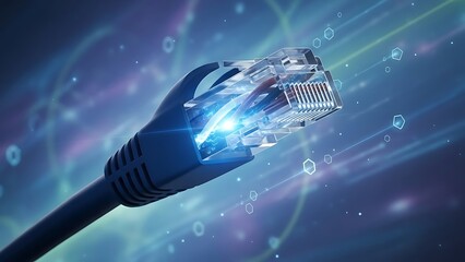 High-speed network connection with illuminated Ethernet cable.