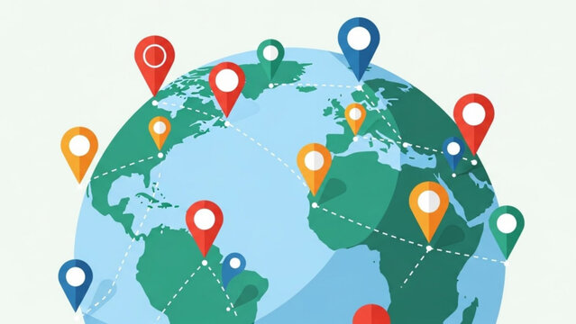Global connections map with colorful location pins and routes