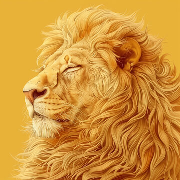 Stylized profile portrait of a majestic lion with closed eyes on golden background, detailed mane, calm mood, harmony and royal elegance