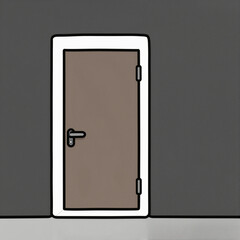 Cute cartoon door with rounded shapes, white frame and bold outline set in a gray wall