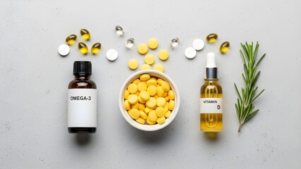 Flat lay of vitamin supplements including omega-3 capsules, vitamin D oil, and yellow tablets arranged on a light background, representing health, nutrition, and wellness concept.