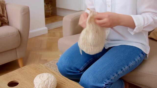 Woman knitting a cozy project at home in her relaxation space, practicing needlework