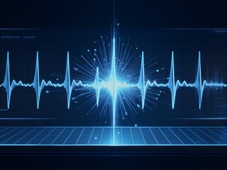 Blue glowing heartbeat waveform on dark grid background, futuristic medical visualization.