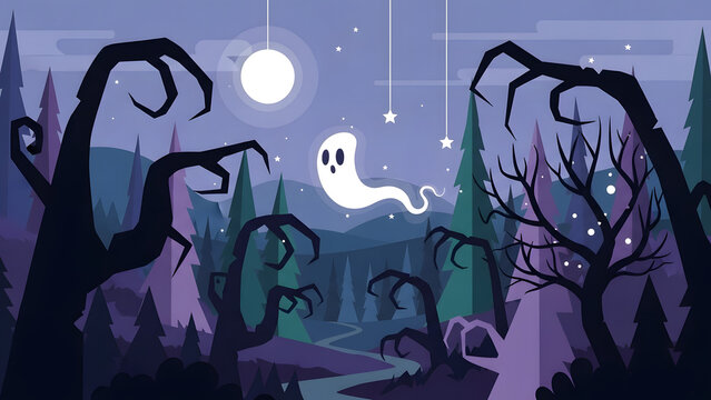 Ghostly Spirit Floating in Dark Forest Scene.