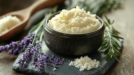 A bowl of rich, handmade shea butter infused with lavender and rosemary. Natural skincare, pure wellness. Ideal for organic beauty branding or DIY tutorials