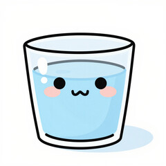 Cute cartoon water glass with a kawaii face, rounded glass, blue liquid, and soft blush cheeks on a white background
