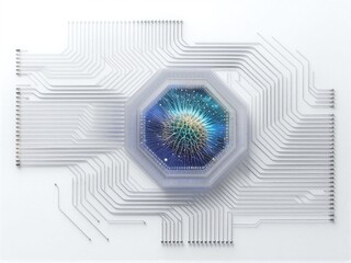 Futuristic circuit board design radiating energy from central core, symmetrical and sleek.