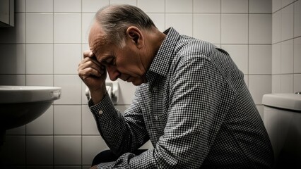 Elder tired caucasian man in checkered shirt sitting on toilet next to sink, head in hand, expressing despair, stress, depression concept.