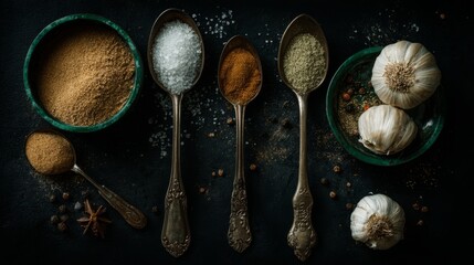Collection of Various Spices Granules in Spoons with Garlic Bulbs on Dark Background for Culinary and Cooking Themes
