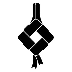 Abstract ketupat logo formed from four interlocking black shapes in a minimalist geometric flat vector style on a clean white background, ideal for modern Ramadan and Eid branding.