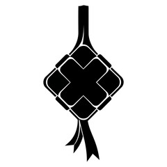 Abstract ketupat logo formed from four interlocking black shapes in a minimalist geometric flat vector style on a clean white background, ideal for modern Ramadan and Eid branding.