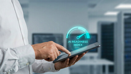 Generative ai high level planning dashboard with business hand using digital tablet and glowing readiness index gauge for technology strategy