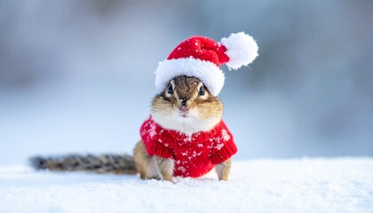 Adorable Chipmunk Dressed Like Santa Claus in Snowy Winter Scene