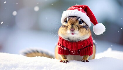 Adorable Chipmunk Dressed Like Santa Claus in Snowy Winter Scene