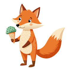 Obraz premium Watercolor clipart, fox with ice cream, isolated white