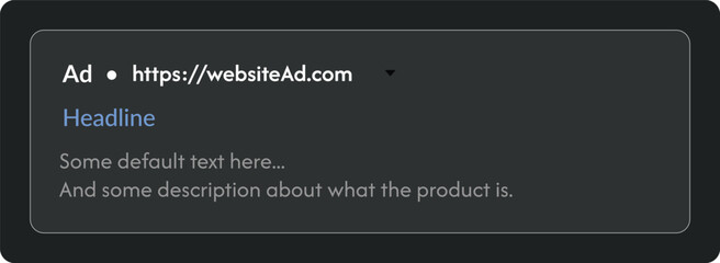 Dark mode search ad template with website URL, headline, product description text and sponsored label for ads, app store listings and digital marketing mockups. Landing pages, SEO strategy, web banner