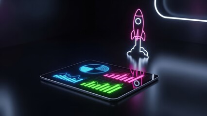 Tablet displaying colorful graphs and charts with a neon rocket launching, symbolizing business growth and startup.