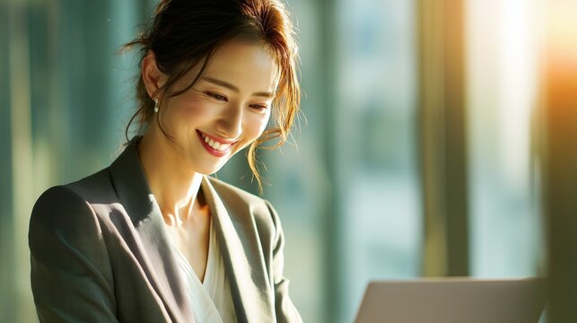 Motivated Global Businesswoman Working with Confidence in Morning Light