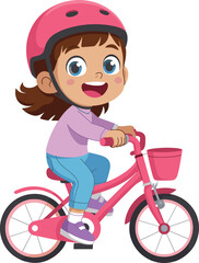Cute cartoon girl riding bicycle, child cycling illustration, kids outdoor activity, happy girl on bike, safety helmet, playful children artwork