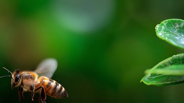 Close-up shot of a bee flying near green leaves with a blurred natural background.