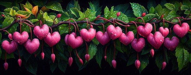 Romantic Bleeding Heart Flowers Garland with Water Droplets on Dark Background, Love and Emotion Floral Nature Concept