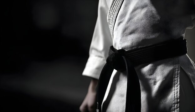 Close-up of a judoka or karateka wearing a traditional white gi with a black belt. The focus is on the belt&rsquo;s knot and the textured fabric, set against a dark, blurred background. 