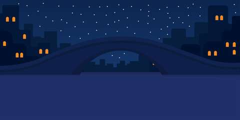 Night bridge illustration. Rounded bridge silhouette across calm water. Distant pastel city lights. Wide peaceful composition. Quiet nighttime atmosphere.