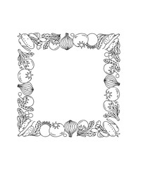 Obraz premium Hand drawn doodle vegetables frame. Fresh organic food border for menu or recipe design. Line art illustration with copy space. 